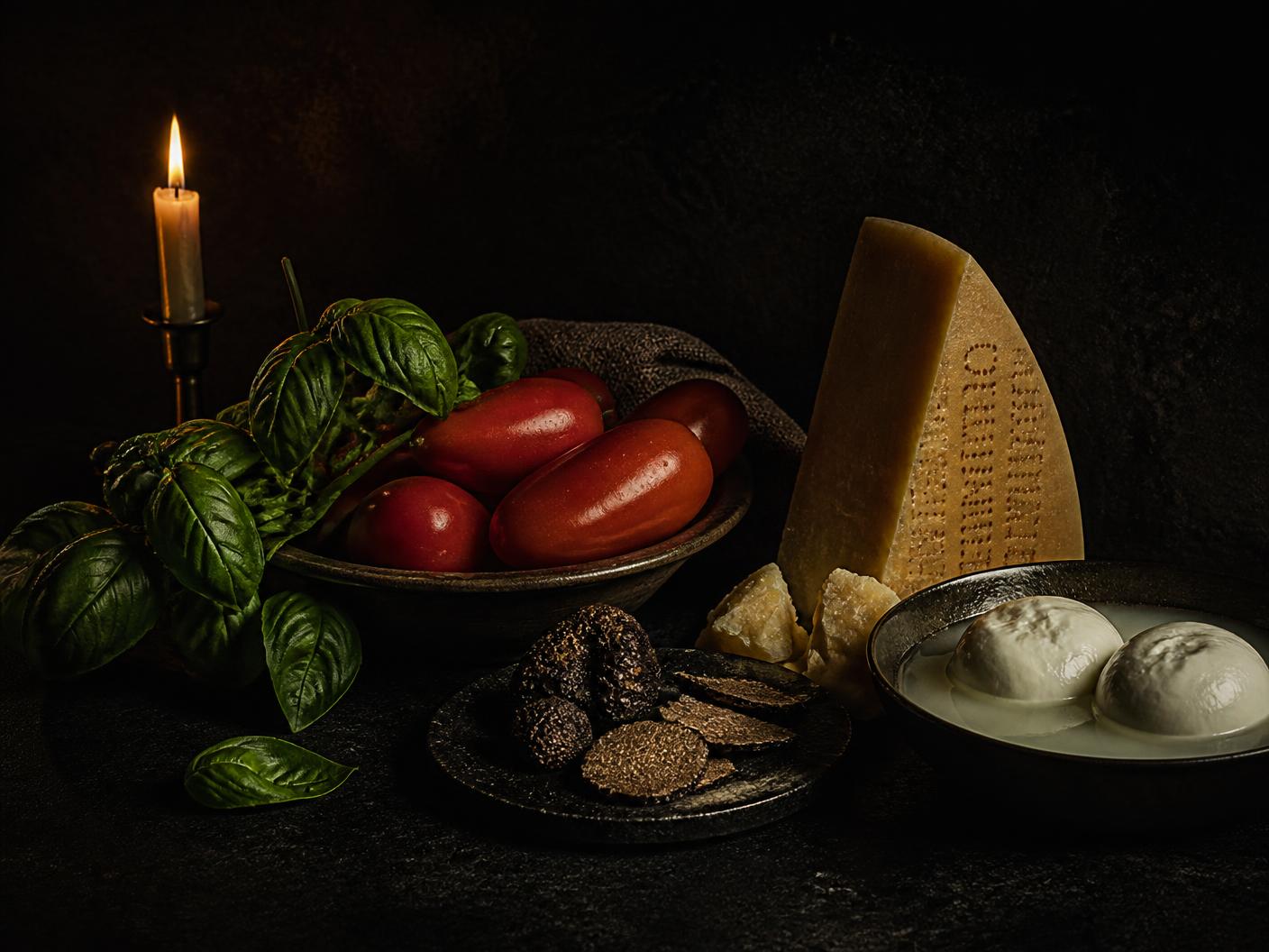 San Marzano tomatoes, aged Parmigiano, buffalo mozzarella and black truffle arranged by candlelight