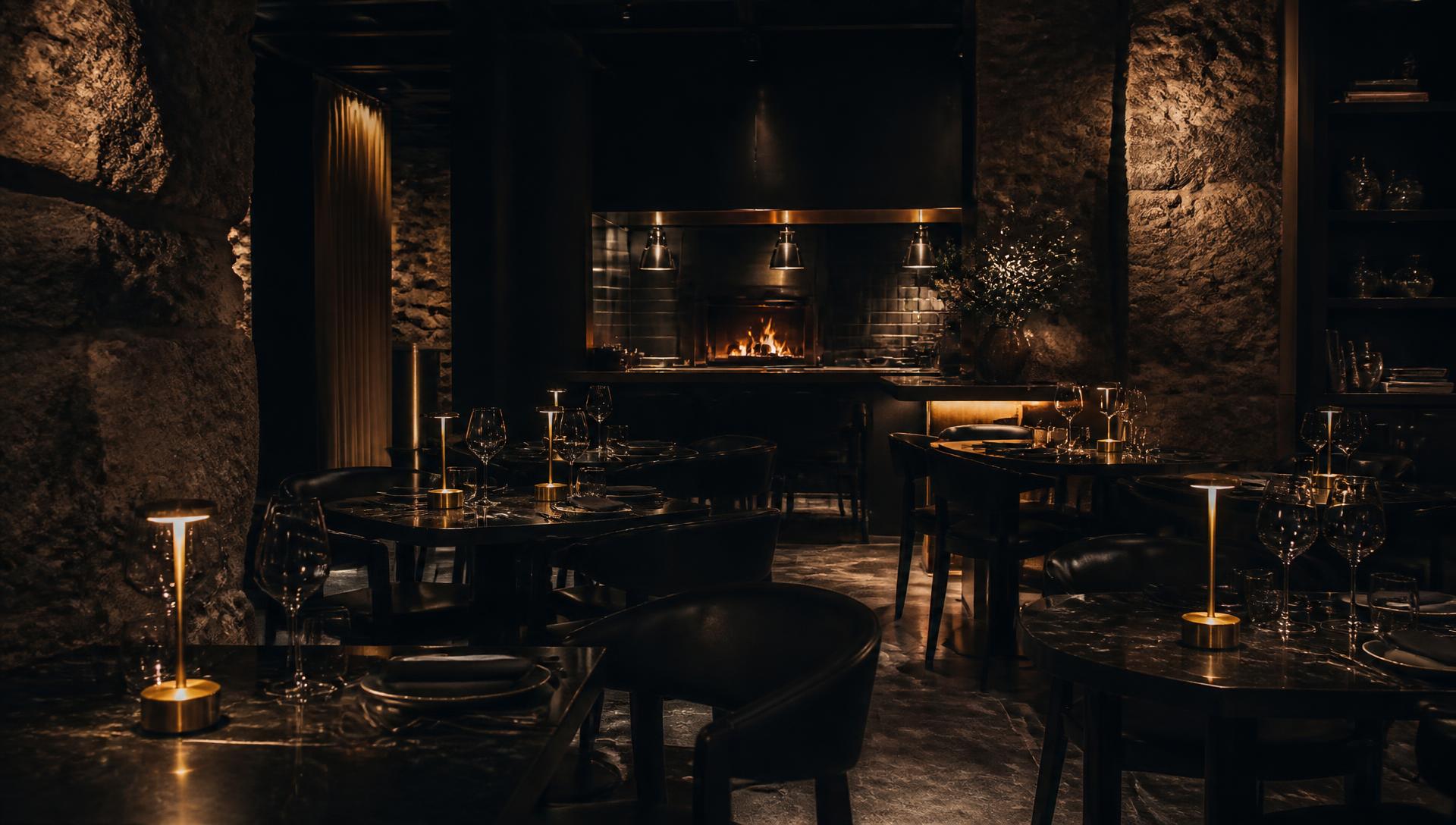 The candlelit dining room at La Passione: black marble tables, brass details, stone walls and a glowing open-flame kitchen