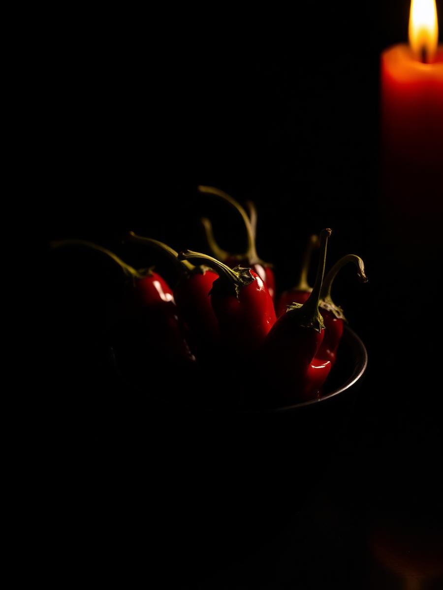 Deep red Calabrian chiles in a dark bowl beside a candle