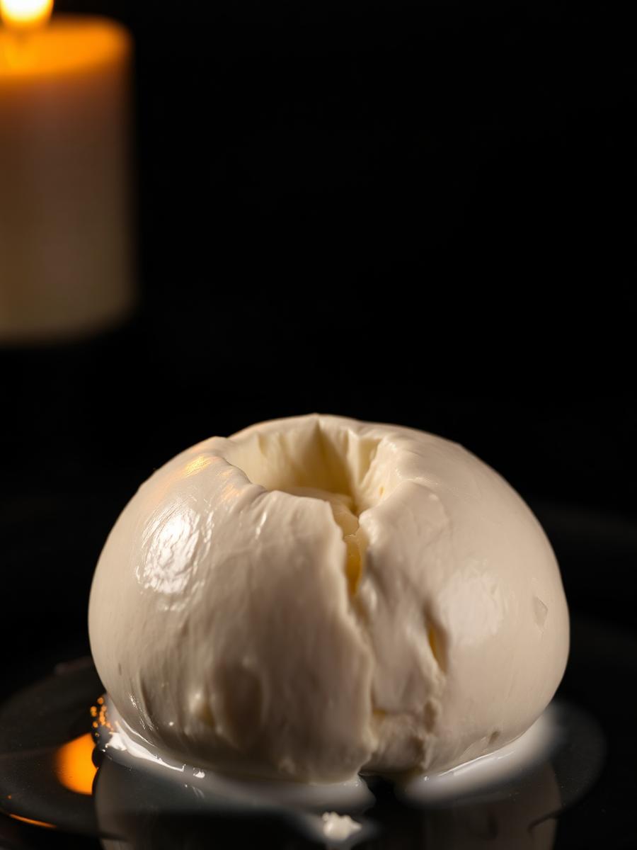 Fresh buffalo mozzarella glistening in whey on dark ceramic