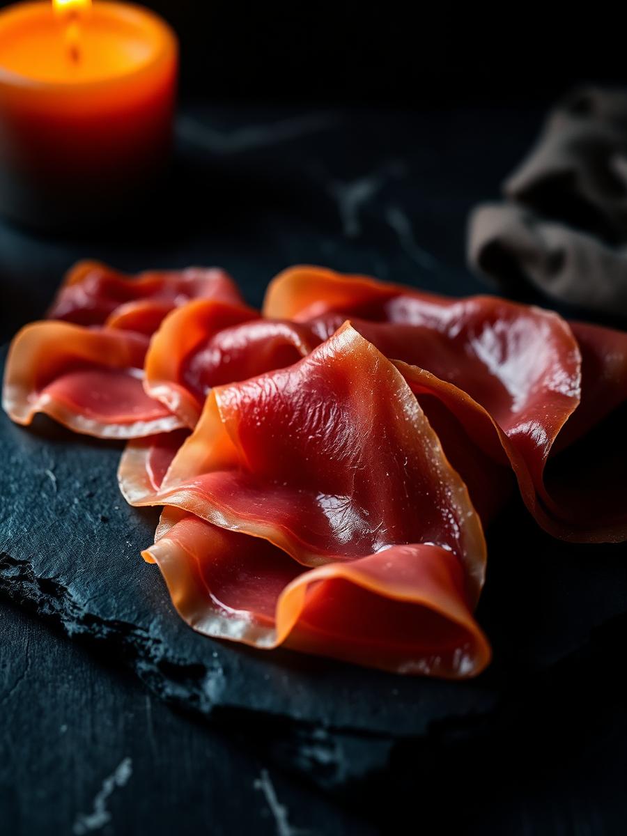 Paper-thin slices of Prosciutto di Parma draped on dark slate