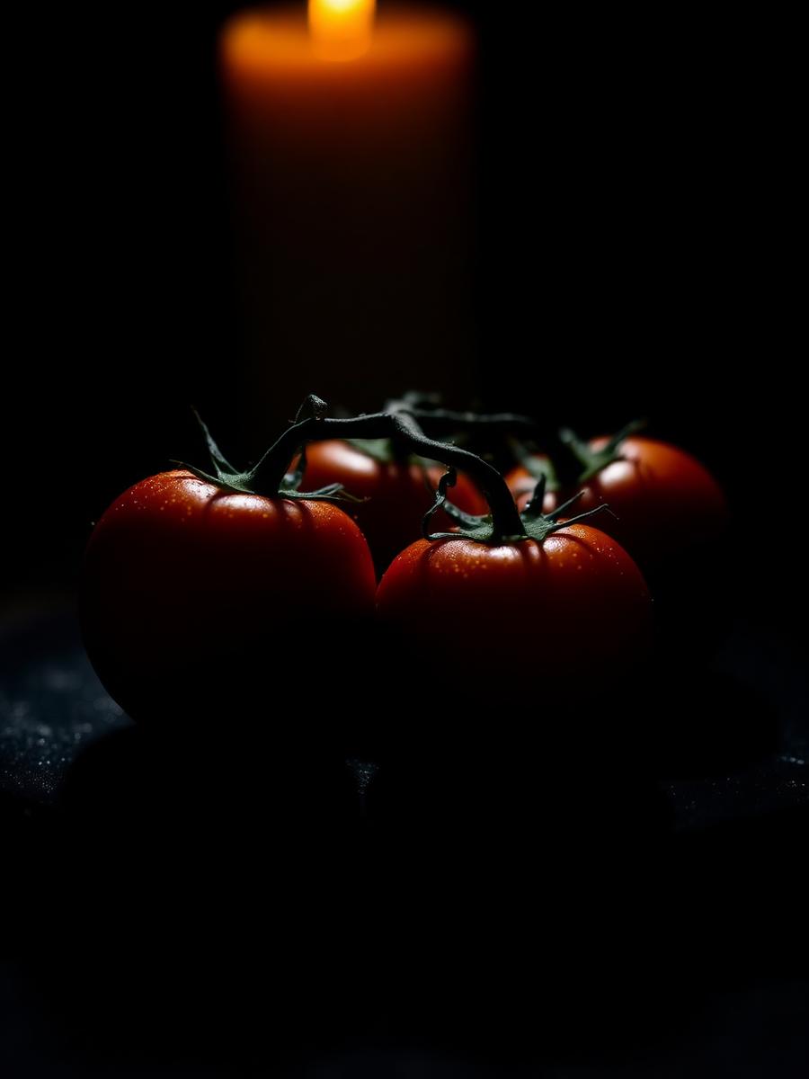 San Marzano plum tomatoes on the vine in low warm candlelight