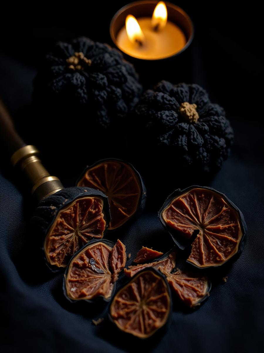 Whole black truffles and shaved truffle slices with a brass shaver on dark linen