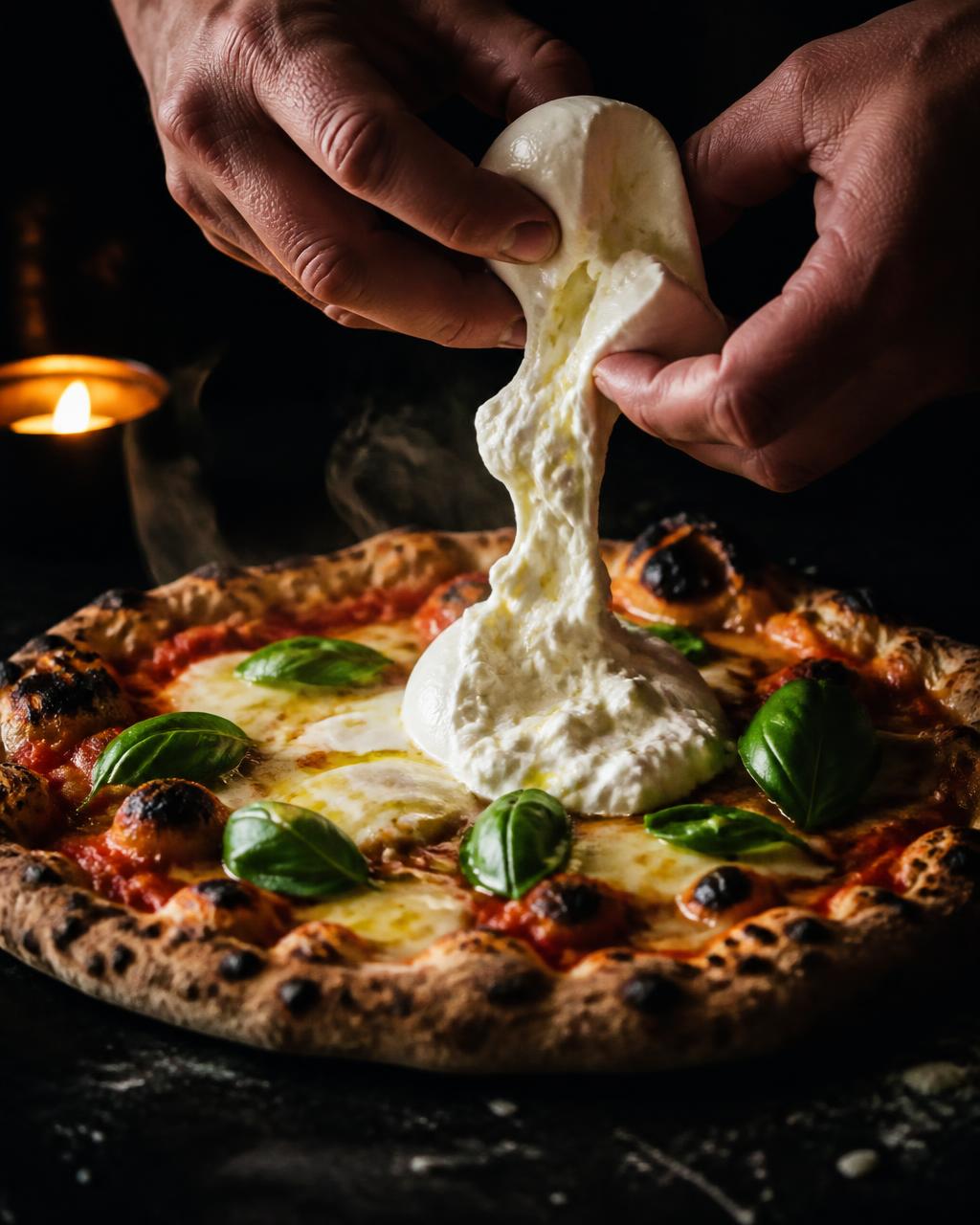 Chef's hands tearing fresh burrata over a charred, candlelit Neapolitan pizza