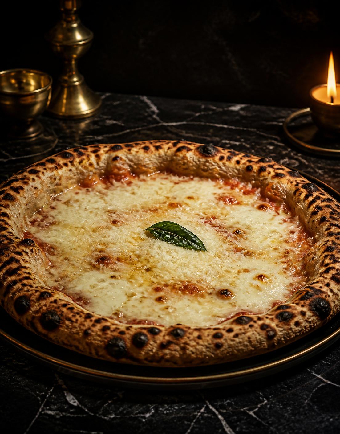 La Fiamma Bianca: a whole wood-fired cheese pizza with molten mozzarella and a single basil leaf on a brass-rimmed plate by candlelight