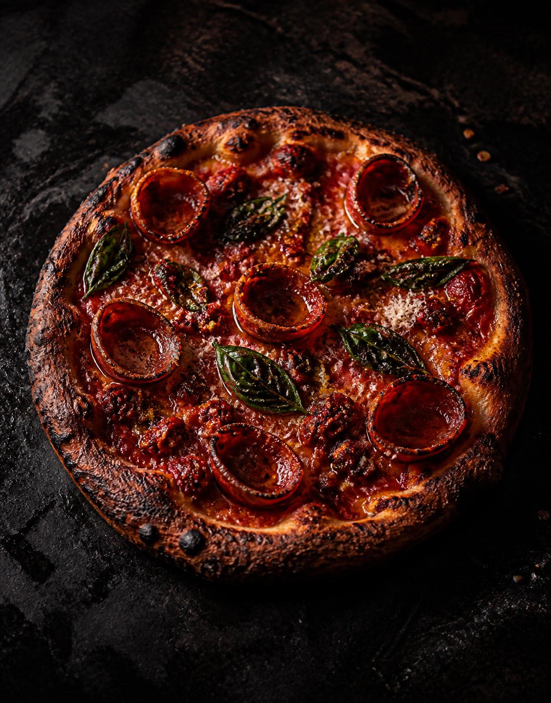 Deep red spicy pizza with 'nduja, cupped soppressata and chile oil on charred crust
