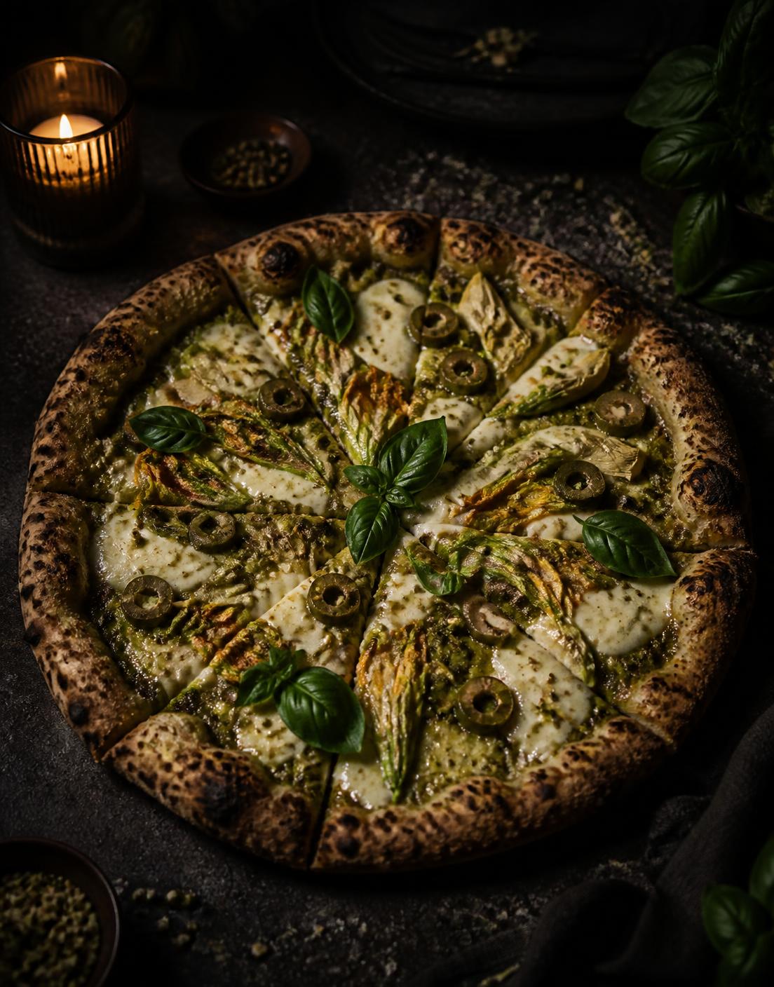 Green pistachio-basil pesto pizza with zucchini blossoms, artichoke and Castelvetrano olives