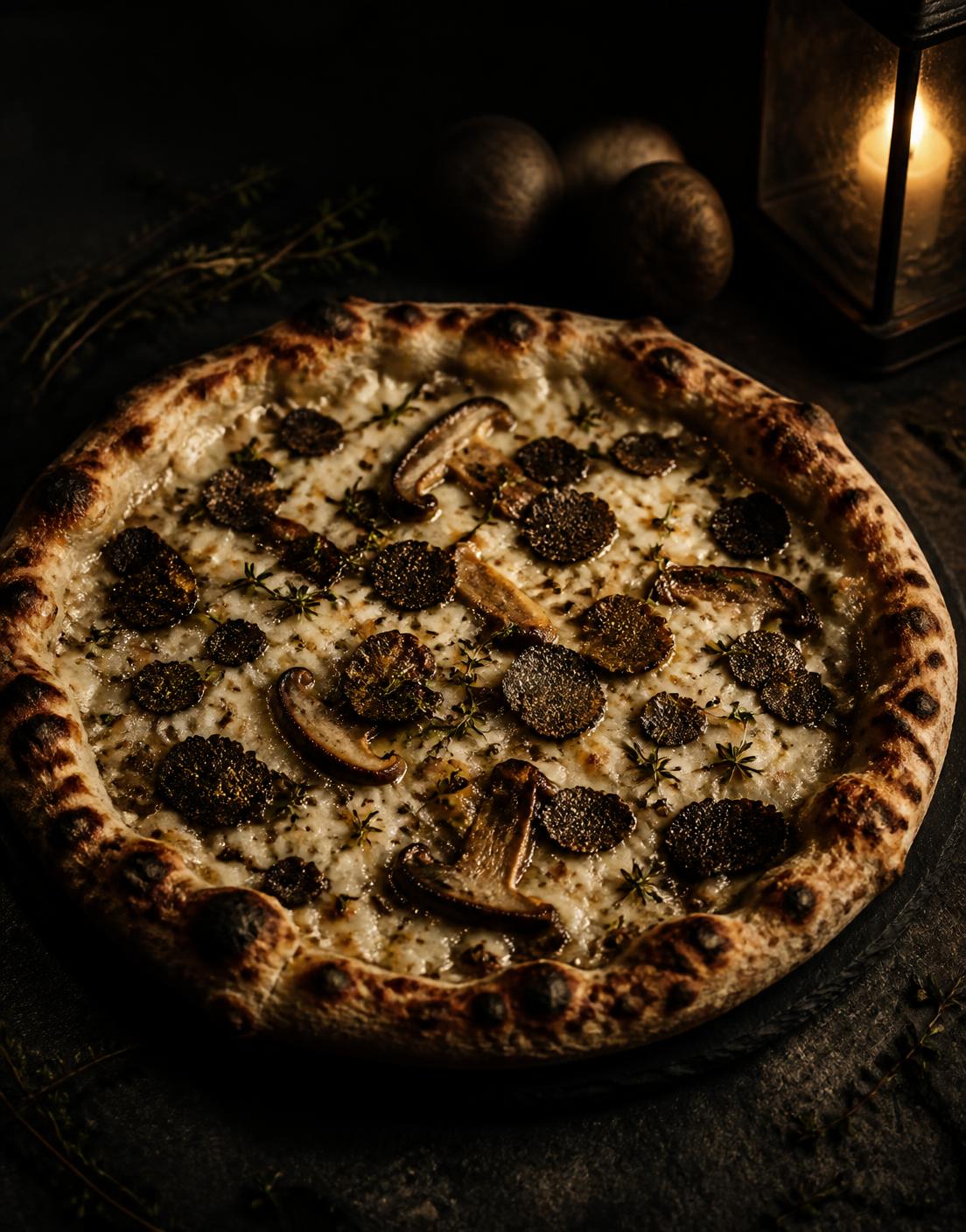 White pizza layered with roasted porcini and shaved black truffle on dark slate