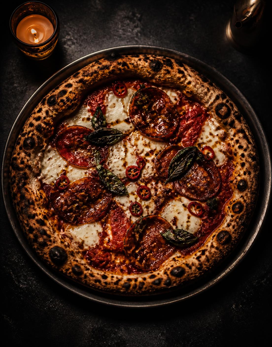 Whole wood-fired La Passione pizza with soppressata, chile and hot honey on a dark tray lit by candlelight