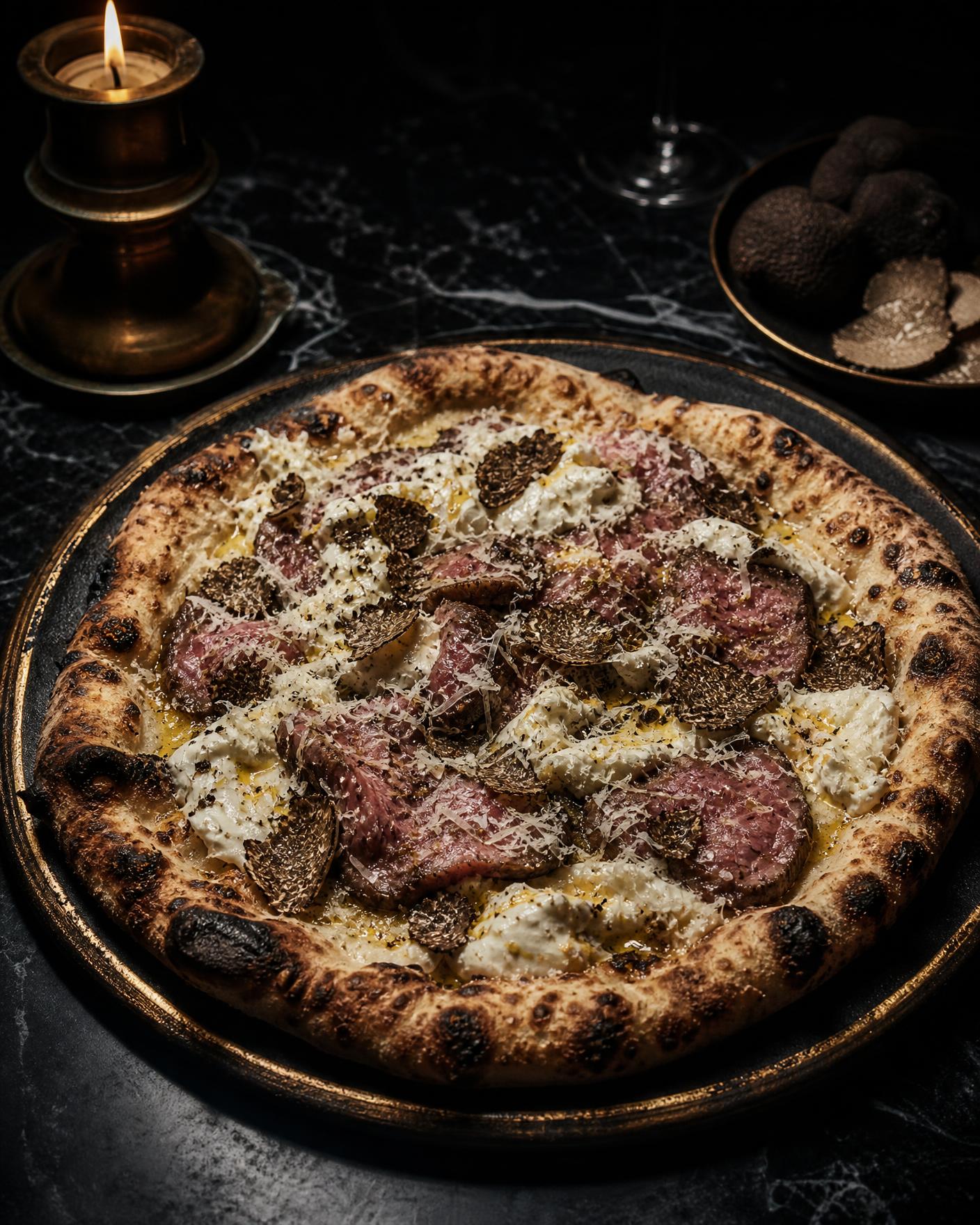 La Corona: a Wagyu, stracciatella and shaved truffle pizza on a brass-rimmed plate beside a brass candlestick